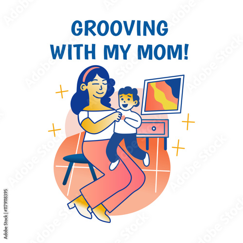 Grooving mom with her child sticker in flat style 

