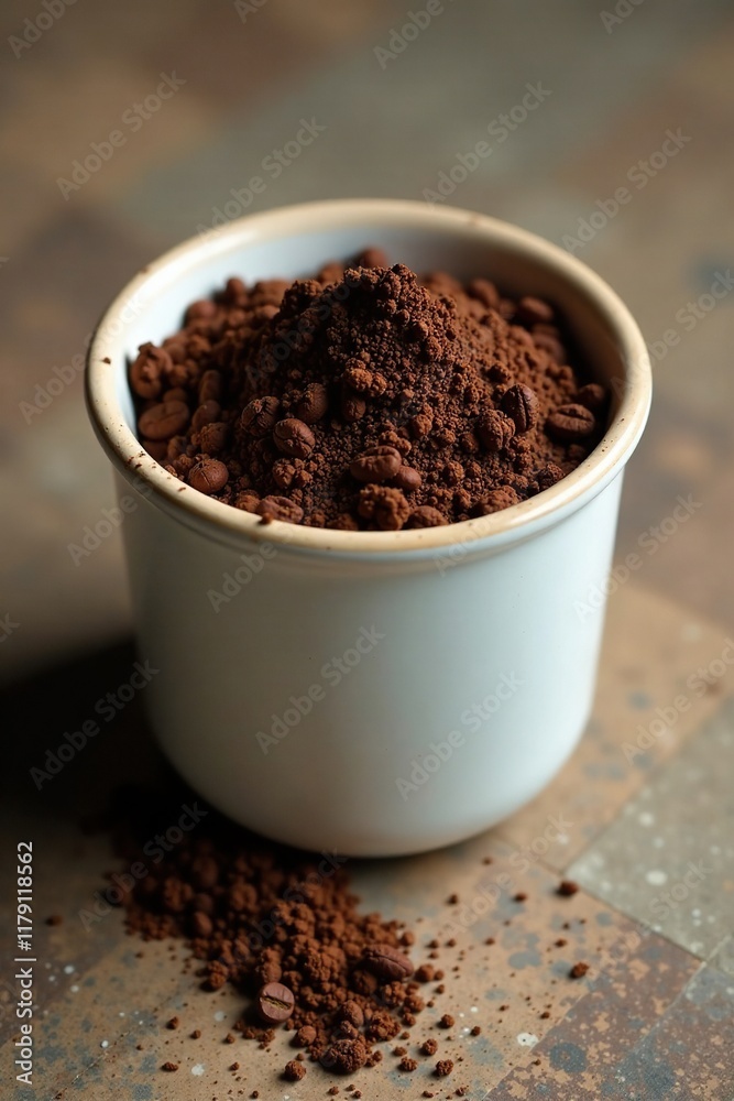 pile of used coffee grounds in a white porcelain container on a rustic plaster floor, wooden, container pile of used coffee grounds in a white porcelain container on a rustic plaster floor, wooden, container