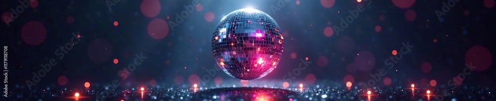 Obraz premium Sparkling disco ball suspended in mid-air, illuminated by bright lights, against a dark and mysterious backdrop, sparkle, glamour