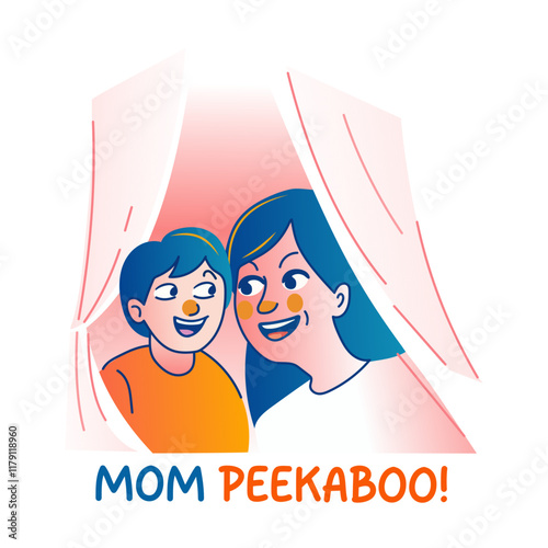 A flat sticker of a child playing hide and seek with her mom 

