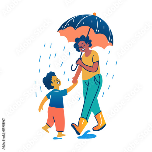 A flat sticker of a mother holding an umbrella in a raining day 

