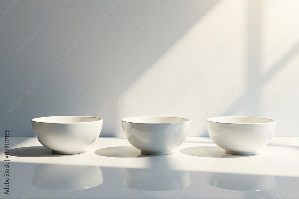Four flawless porcelain bowls radiating light, decorative, white Four flawless porcelain bowls radiating light, decorative, white