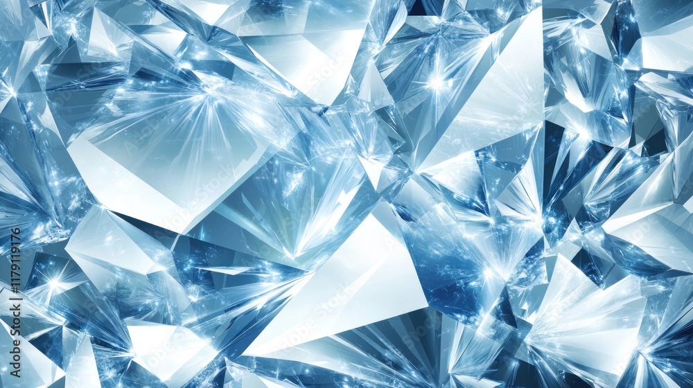 Abstract background of blue crystal shards with bright highlights and shadows.