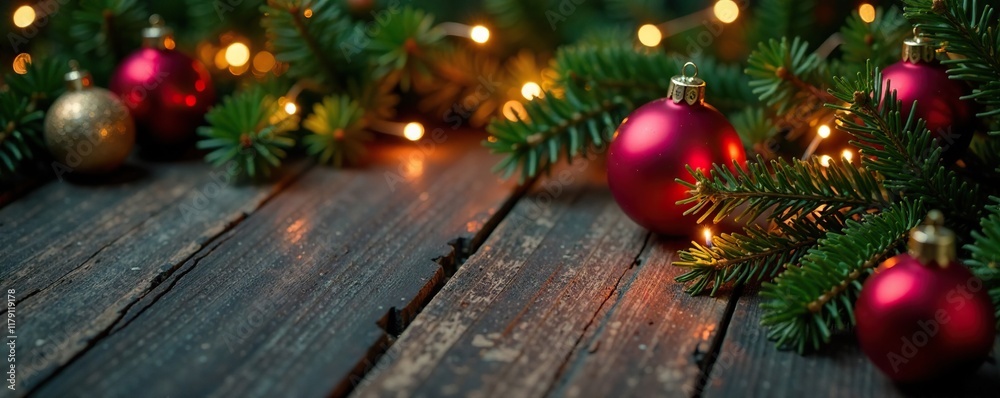Dark wooden table adorned with twinkling glass ornaments and lush greenery, holiday, ornaments Dark wooden table adorned with twinkling glass ornaments and lush greenery, holiday, ornaments