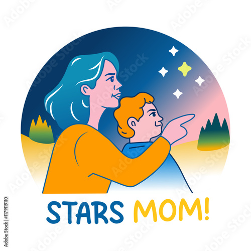 A flat sticker of mother and child gazing stars at night 
