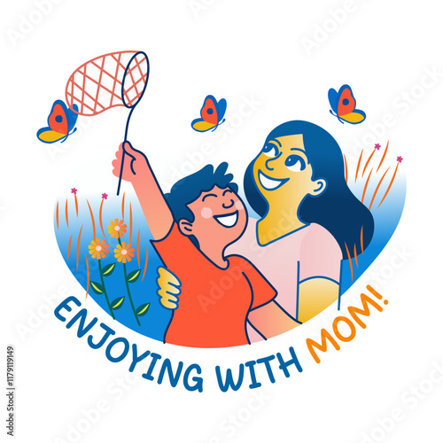 A flat sticker of a mother and child catching butterflies 

