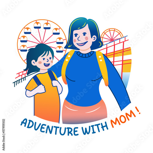 A flat sticker of mother and child having fun in adventure park 


