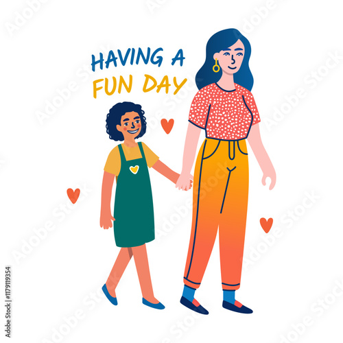 A flat sticker of mother and child hangout together on mom day 


