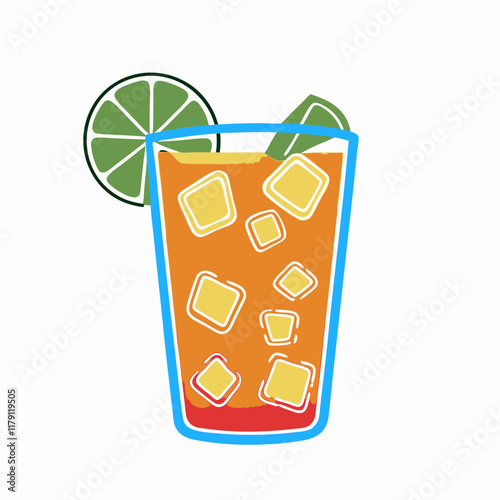 Colorful drink with lime and ice cubes