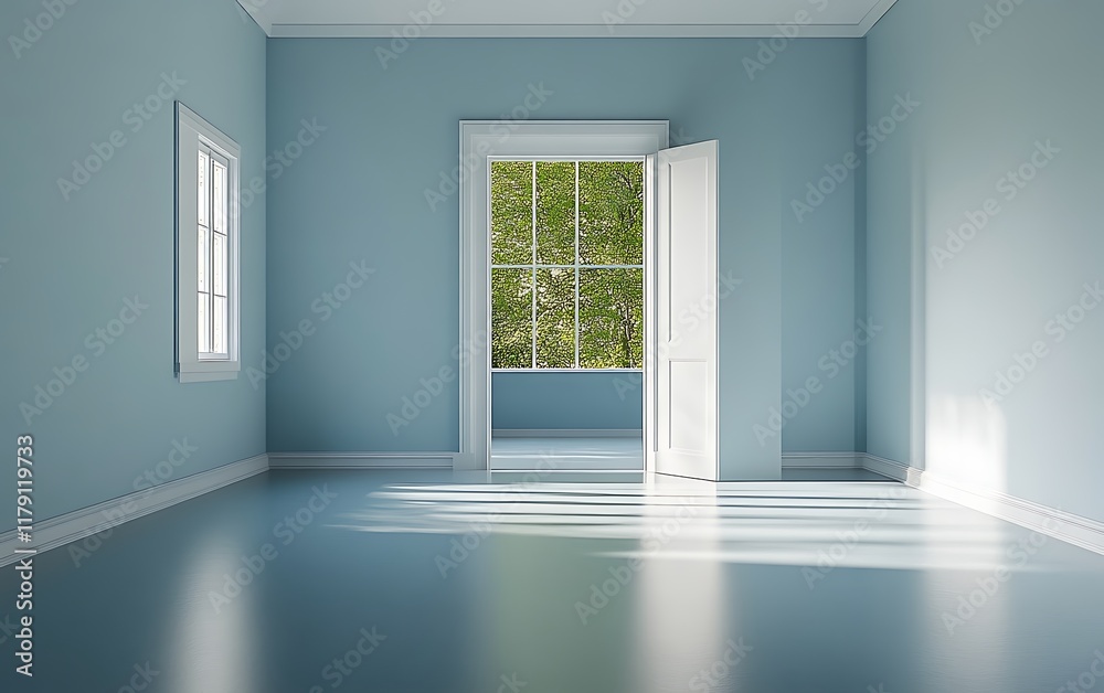Empty light blue room with open door and window showing trees. Empty light blue room with open door and window showing trees.