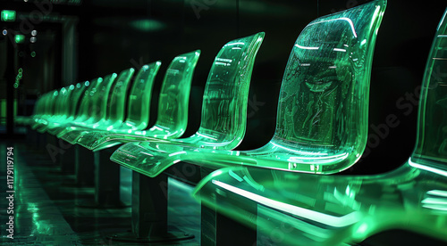 Transparent green chairs on a bleacher, against black background.