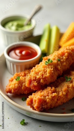 Crispy fried chicken tenders with dipping sauce, condiment, tender, cuisine photo