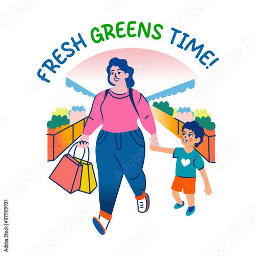 A flat sticker of a mother and child going for grocery shopping 


