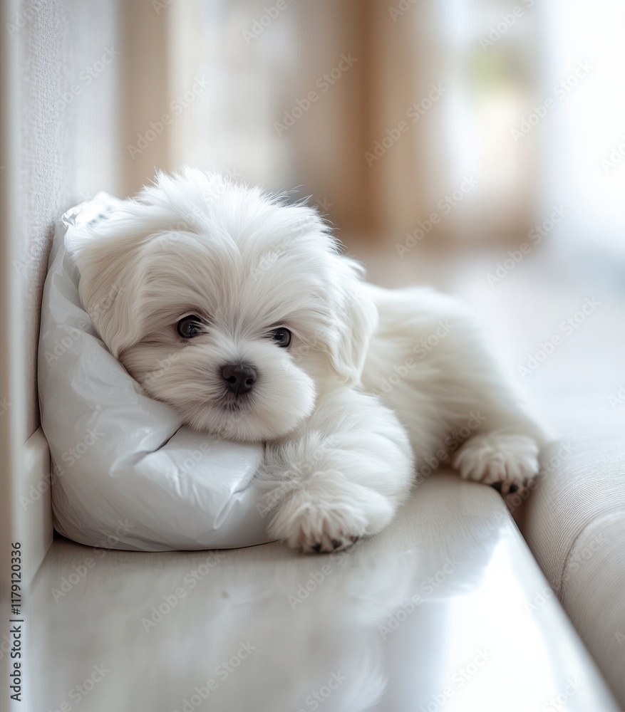 Fluffy white puppy resting indoors on soft pillow Fluffy white puppy resting indoors on soft pillow