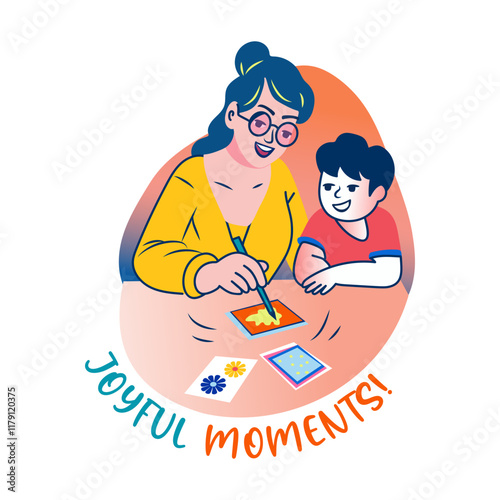 A flat sticker of mother and son having joyful moments together 

