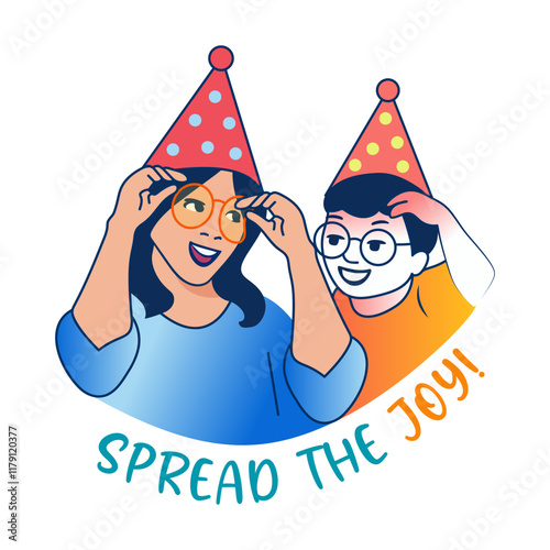 A flat ticker of a mother and child wearing party caps with spread joy typography 

