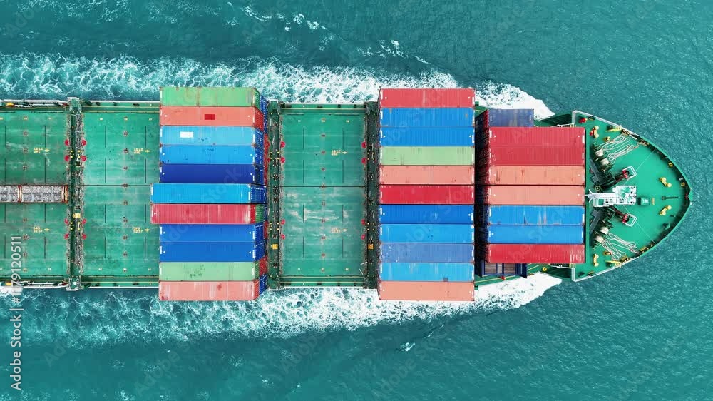 Aerial top view of cargo ship carrying container and running for export cargo yard port to custom ocean concept technology transportation , customs clearance