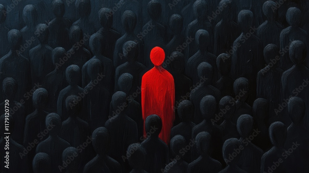 Obraz premium Distinctive Red Figure Amidst Dark Silhouettes of a Crowded Scene