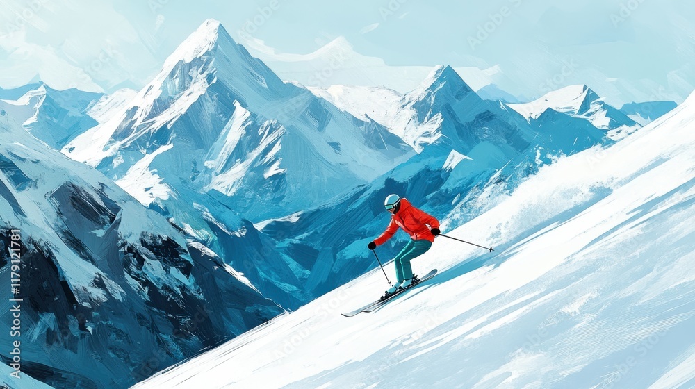 Skier Descending Snowy Slope with Majestic Mountain Backdrop Skier Descending Snowy Slope with Majestic Mountain Backdrop