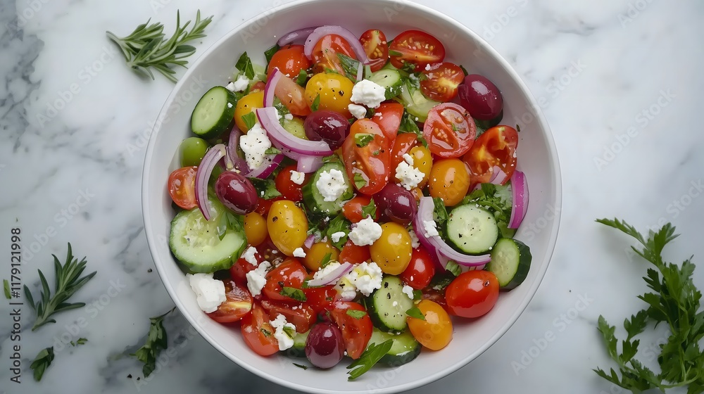 Vibrant Mediterranean salad with fresh cherry tomatoes and cucumbers served in a white bowl on a marble countertop Vibrant Mediterranean salad with fresh cherry tomatoes and cucumbers served in a white bowl on a marble countertop