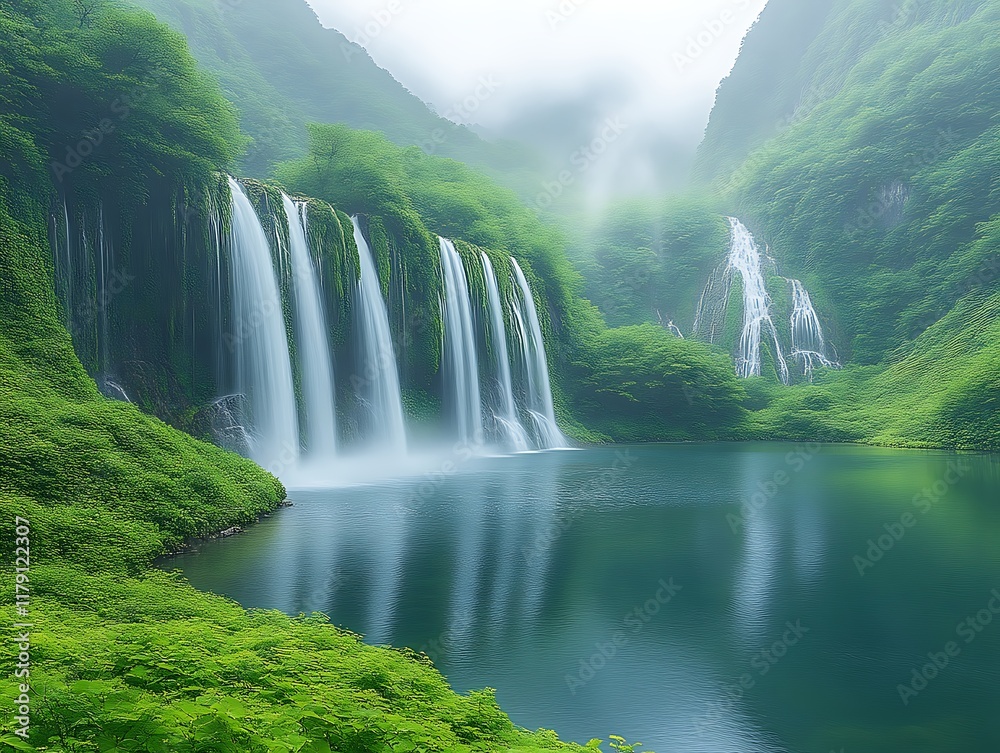Fototapeta premium Serene waterfall cascading into a misty mountain lake.