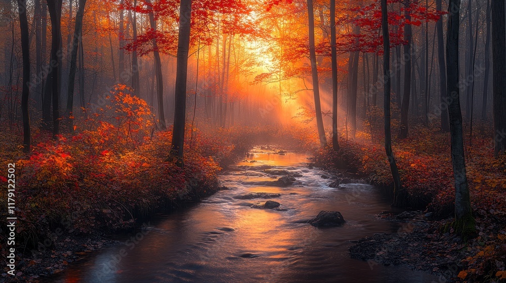 Fototapeta premium A serene forest scene at sunset, with vibrant autumn colors and a tranquil stream.