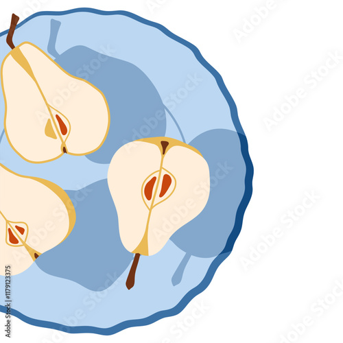 Sliced ​​pears on a blue plate.
