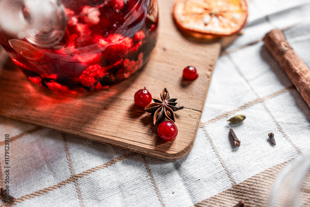 red tea into a glass cup, hibiscus, tea with red berries, vitamin drink, winter tea for colds, lemon, red currant, black currant, raspberry, honey, cinnamon, anise red tea into a glass cup, hibiscus, tea with red berries, vitamin drink, winter tea for colds, lemon, red currant, black currant, raspberry, honey, cinnamon, anise