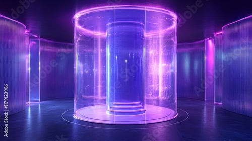 Futuristic purple neon display inside a glass cylinder.