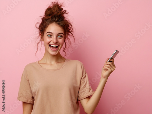 Young woman smiling with phone against pink background photo