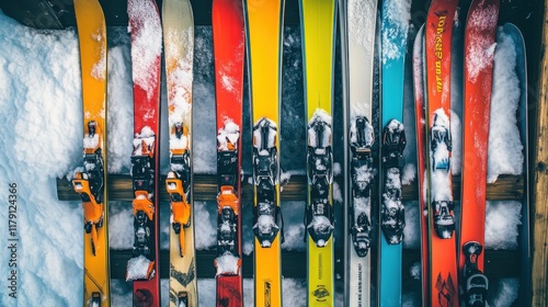 Colorful Skis Lined Up on Snowy Background Ready for Winter Adventure photo