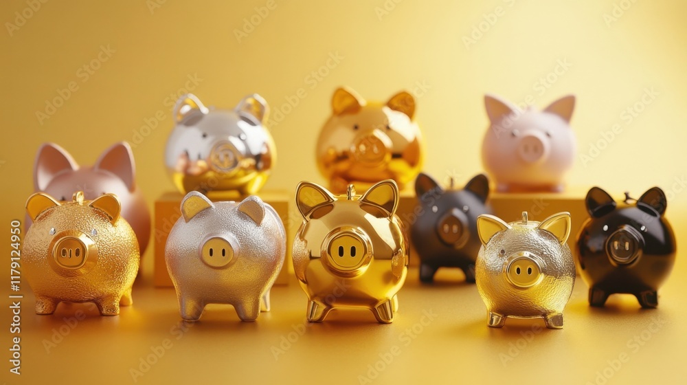 Obraz premium A group of metallic piggy banks arranged on a gradient gold background
