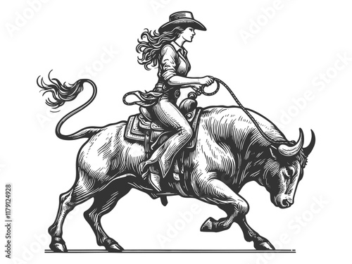 Pin-up woman bull cowgirl in full rodeo action, riding bull with a lasso sketch engraving generative ai fictional character vector illustration. Scratch board imitation. Black and white image.