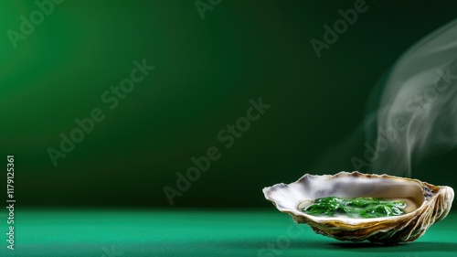 Steaming oyster with green garnish on background photo