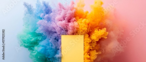 Vibrant Rainbow Ink Explosion with Yellow Blank Notecard Colorful Abstract Background