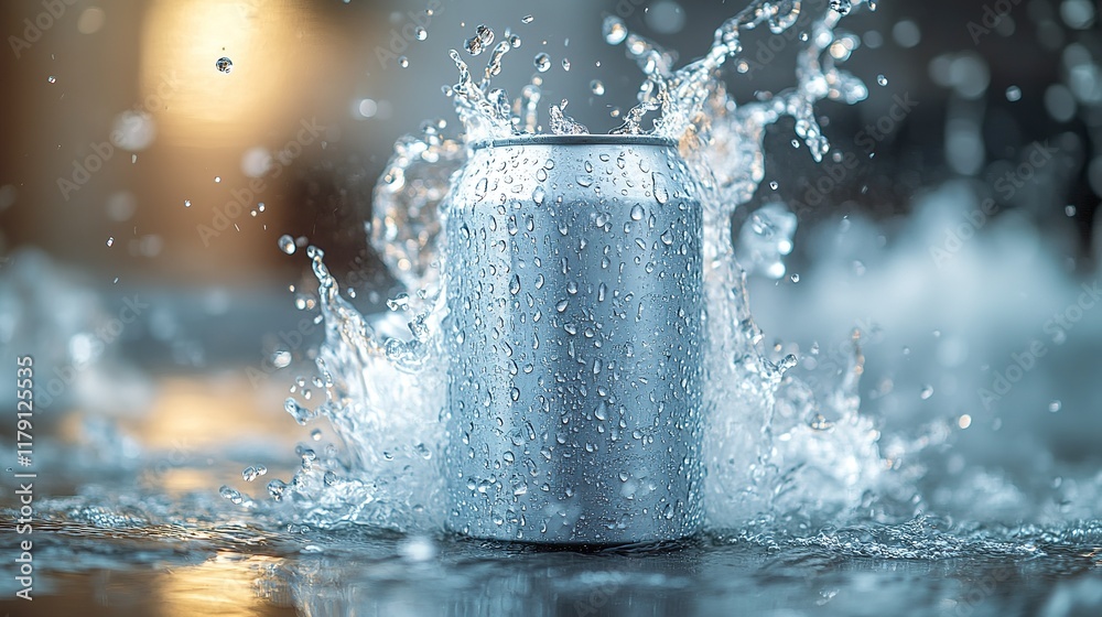 Cold Can Submerged In Refreshing Water Splash Cold Can Submerged In Refreshing Water Splash