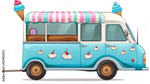 A cartoon ice cream truck with a striped awning and ice cream cones on top. photo