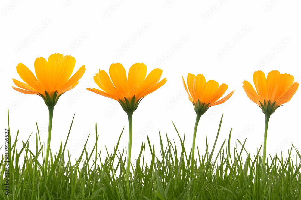 Fototapeta premium Orange Flowers in Green Grass Illustration