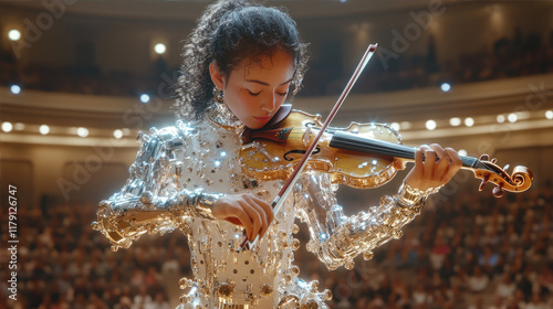Futuristic musician in glowing attire
