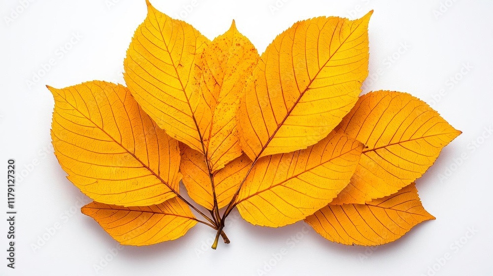 Fototapeta premium A photostock of golden autumn leaves scattered naturally on a white surface, symbolizing seasonal transitions and fall beauty. High Quality