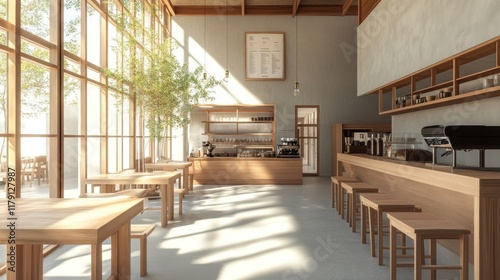 Sunlit minimalist cafe interior with wooden tables  chairs  and bar.