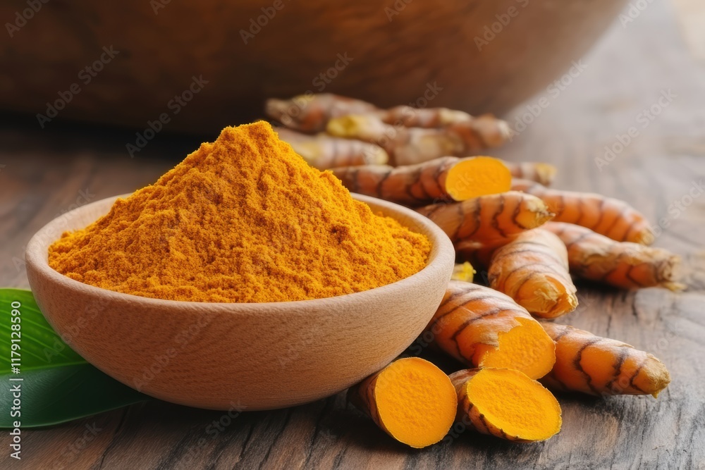 Turmeric powder and turmeric roots on a wooden table Turmeric powder and turmeric roots on a wooden table