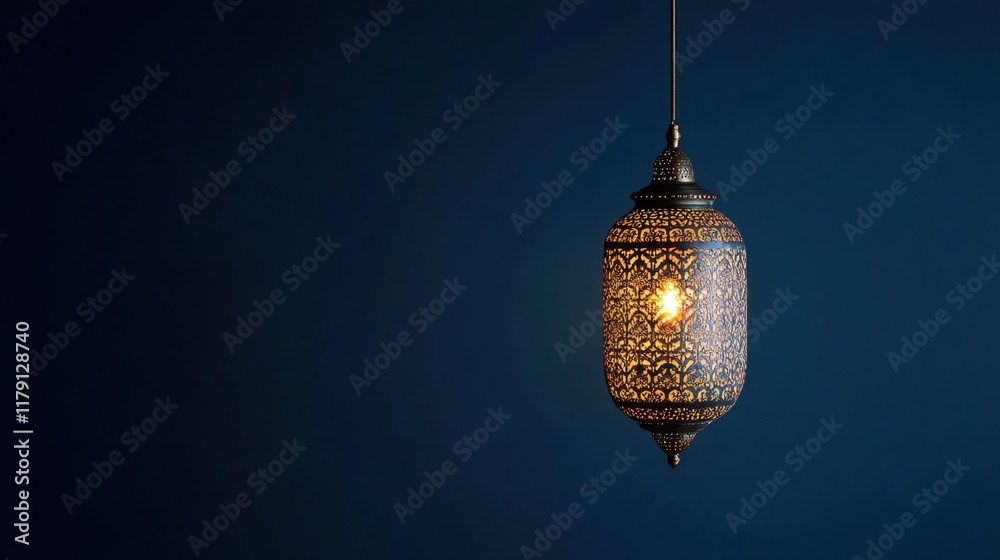 Fototapeta premium A Moroccan-style lamp with intricate patterns on a midnight blue backdrop