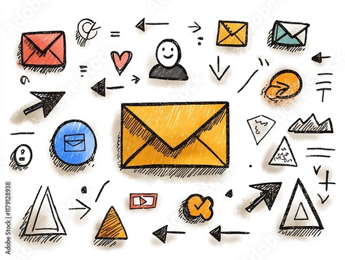 Sketch like freehand depicting global digital correspondence and messaging features including an anonymous user avatar  envelope icons  and directional arrows  with hand drawn textural elements photo