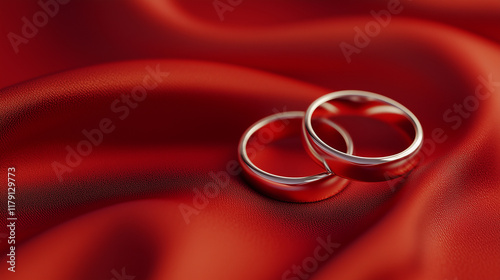 valentines day pair of two wedding rings on satin red background, banner design with copy space for text
