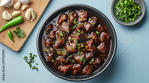 Dinuguan with herbs in a black bowl on a blue background with ingredients photo