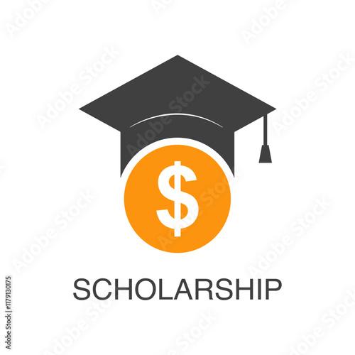 Scholarship logo. Diploma and graduation hat with dollar symbol. Education financial support icon vector illustration.