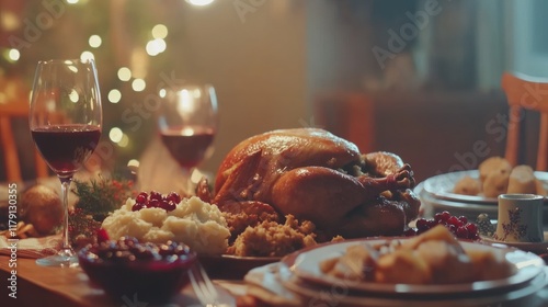 A Festive Christmas Dinner: Roasted Turkey, Mashed Potatoes, Cranberry Sauce, and Wine photo