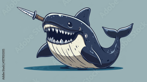 Cartoon pirate killer whale character with sword standing on tail, ready to fight. For marine or adventure themes design photo