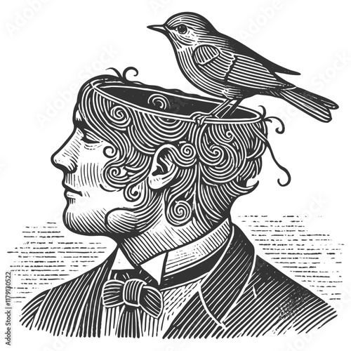 man with an open mind, featuring a bird perched on top, symbolizing creativity and freedom sketch engraving generative ai vector illustration. Scratch board imitation. Black and white image.